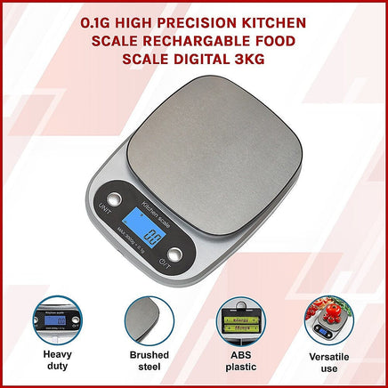 0.1g High Precision Kitchen Scale Rechargable Food Scale Digital 3KG Home & Garden Kings Warehouse