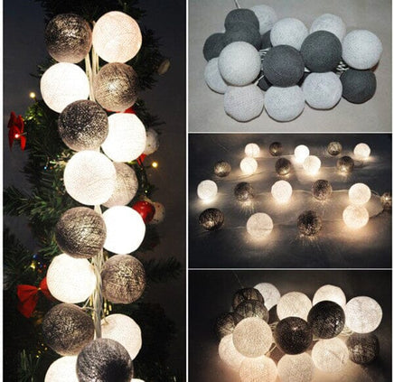 1 Set of 20 LED Black White 5cm Cotton Ball Battery Powered String Lights Xmas Gift Home Wedding Party Bedroom Decoration Outdoor Indoor Table Centrepiece Kings Warehouse