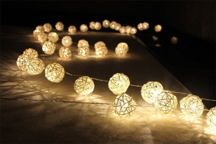 1 Set of 20 LED Cream White 5cm Rattan Cane Ball Battery Powered String Lights Christmas Gift Home Wedding Party Bedroom Decoration Table Centrepiece Kings Warehouse