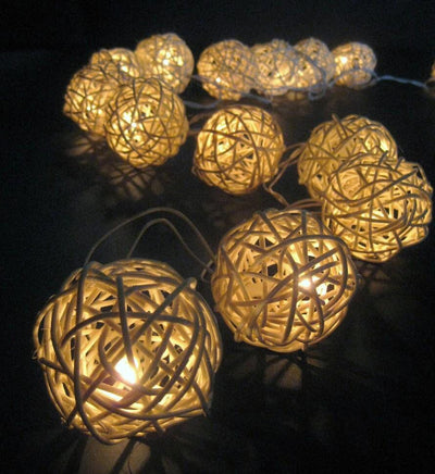 1 Set of 20 LED Cream White 5cm Rattan Cane Ball Battery Powered String Lights Christmas Gift Home Wedding Party Bedroom Decoration Table Centrepiece Kings Warehouse
