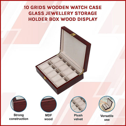 10 Grids Wooden Watch Case Glass Jewellery Storage Holder Box Wood Display Home & Garden Kings Warehouse