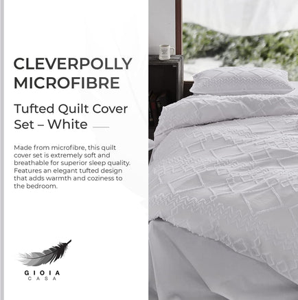 100% Premium Brushed Microfibre Tufted (3Pcs) Quilt Cover Set - White - King Size Home & Garden Kings Warehouse
