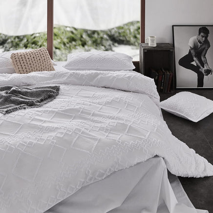 100% Premium Brushed Microfibre Tufted (3Pcs) Quilt Cover Set - White - Super King Size Home & Garden Kings Warehouse