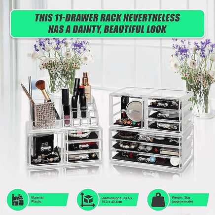 11 Drawers Clear Acrylic Tower Organiser Cosmetic jewellery Luxury Storage Cabinet Health & Beauty Kings Warehouse