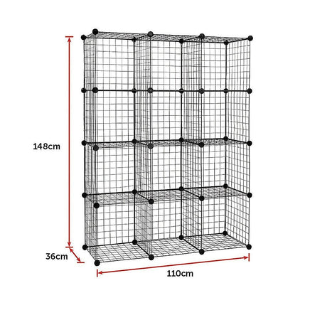 12 Cube Wire Grid Organiser Bookcase Storage Cabinet Wardrobe Closet Black Furniture Kings Warehouse