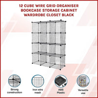 12 Cube Wire Grid Organiser Bookcase Storage Cabinet Wardrobe Closet Black Furniture Kings Warehouse