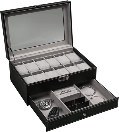 12 Slot PU Leather Lockable Watch and Jewelry Storage Boxes (Black) Kings Warehouse