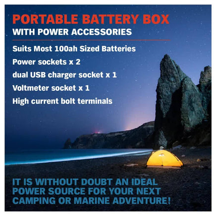 12V 100AH Deep Cycle Battery Box Portable Power Storage Marine Solar USB Camping Outdoor Recreation Kings Warehouse