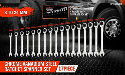 17Pc Ratchet Spanner Set Metric Combination Wrenches Open End Ring CR-V 8-24mm Home & Garden Kings Warehouse