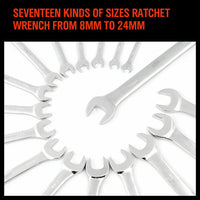 17Pc Ratchet Spanner Set Metric Combination Wrenches Open End Ring CR-V 8-24mm Home & Garden Kings Warehouse
