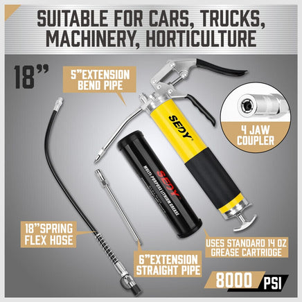 18inch Grease Gun 8000PSI Pistol Grip Flex Hose Heavy Duty Barrel With Cartridge Tools Kings Warehouse