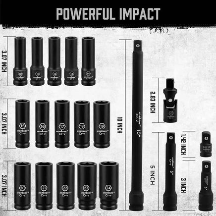 19Pc Deep Socket Set Impact 1/2" Drive Extension Bars Flexible Adapter 10-24mm Auto Accessories Kings Warehouse
