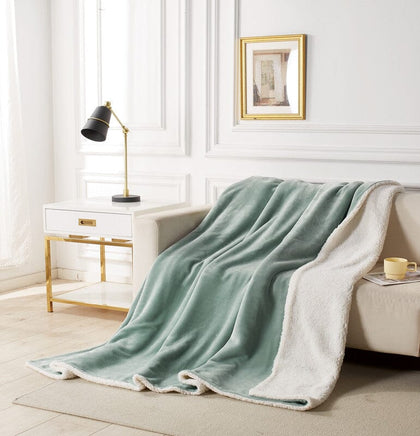 2 in 1 Teddy Sherpa Quilt Cover Set and Blanket double size sage green Furniture Kings Warehouse