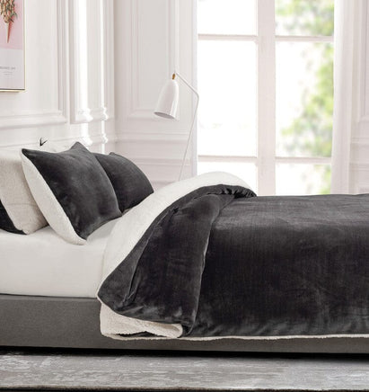 2 in 1 Teddy Sherpa Quilt Cover Set and Blanket king size charcoal Home & Garden Kings Warehouse