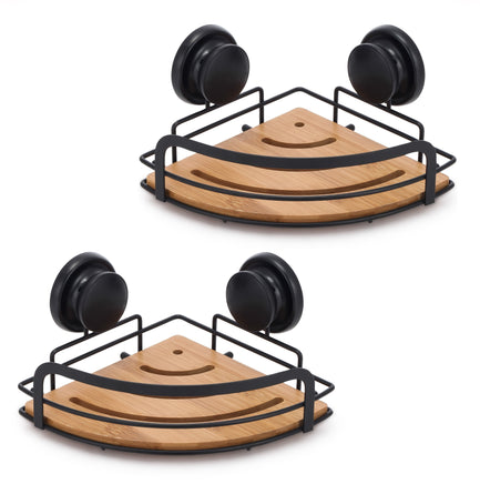 2 Pack Round Bamboo Corner Shower Caddy Shelf Basket Rack with Premium Vacuum Suction Cup No-Drilling for Bathroom and Kitchen Fun in the Sun Kings Warehouse