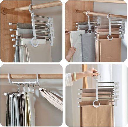 2 Pack Stainless Steel Adjustable 5 in 1 Pants Hangers Non-Slip Space Saving for Home Storage bedroom furniture Kings Warehouse