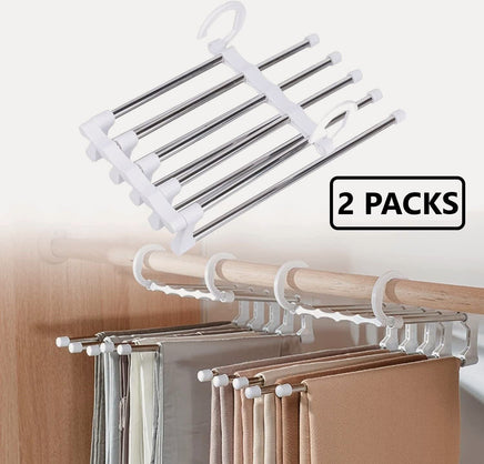2 Pack Stainless Steel Adjustable 5 in 1 Pants Hangers Non-Slip Space Saving for Home Storage bedroom furniture Kings Warehouse