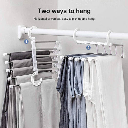 2 Pack Stainless Steel Adjustable 5 in 1 Pants Hangers Non-Slip Space Saving for Home Storage bedroom furniture Kings Warehouse