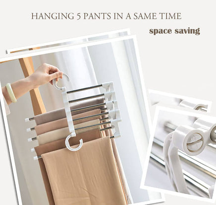2 Pack Stainless Steel Adjustable 5 in 1 Pants Hangers Non-Slip Space Saving for Home Storage bedroom furniture Kings Warehouse