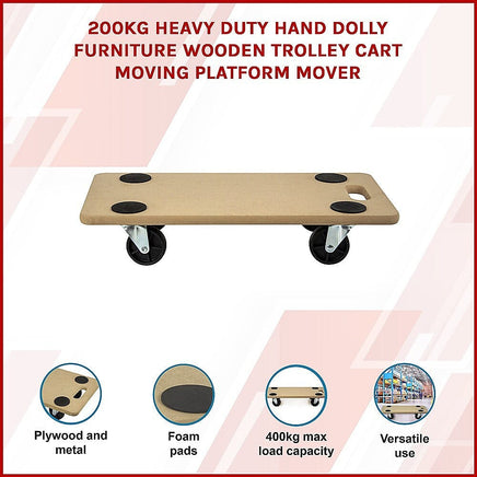 200kg Heavy Duty Hand Dolly Furniture Wooden Trolley Cart Moving Platform Mover Tools Kings Warehouse