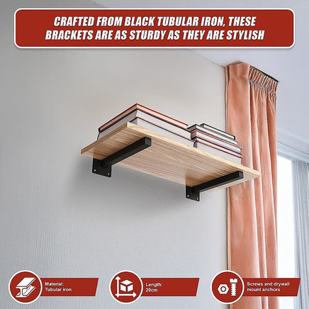 20cm Floating Shelf Brackets Industrial Metal Shelving Supports 4-Pack - Black Furniture Kings Warehouse