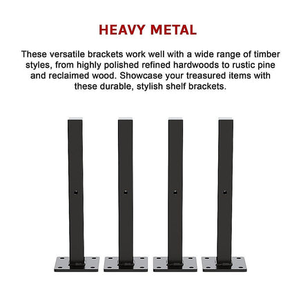 20cm Floating Shelf Brackets Industrial Metal Shelving Supports 4-Pack - Black Furniture Kings Warehouse