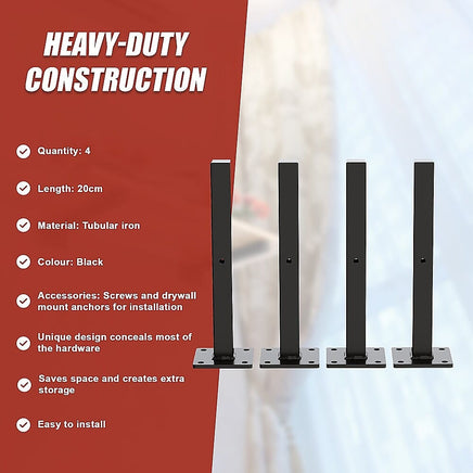 20cm Floating Shelf Brackets Industrial Metal Shelving Supports 4-Pack - Black Furniture Kings Warehouse