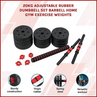 20kg Adjustable Rubber Dumbbell Set Barbell Home GYM Exercise Weights Sports & Fitness Kings Warehouse