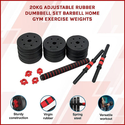 20kg Adjustable Rubber Dumbbell Set Barbell Home GYM Exercise Weights Sports & Fitness Kings Warehouse