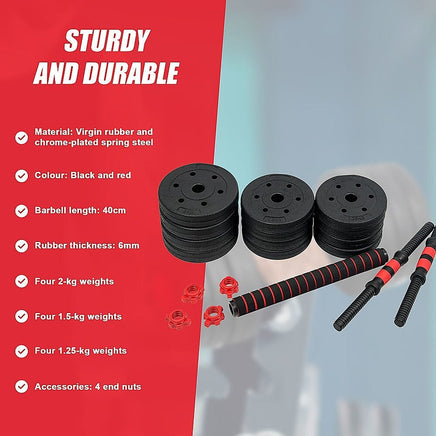 20kg Adjustable Rubber Dumbbell Set Barbell Home GYM Exercise Weights Sports & Fitness Kings Warehouse