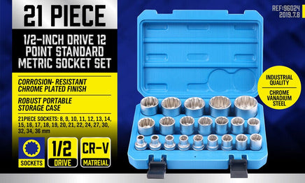 21Pc 12-Point Socket Set 1/2-inch Drive Grip Sleeve Storage Case Metric 8mm-36mm Tools Kings Warehouse