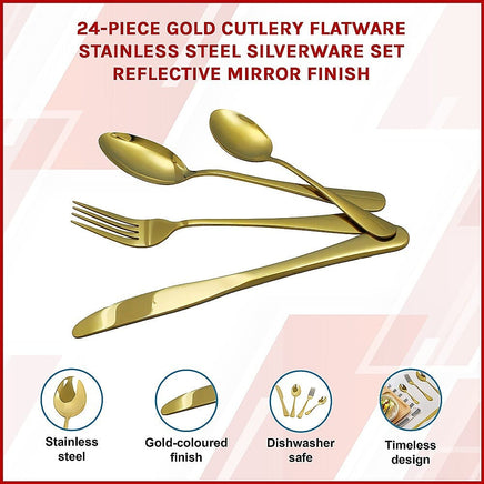 24-piece Gold Cutlery Flatware Stainless Steel Silverware Set Reflective Mirror Finish Home & Garden Kings Warehouse