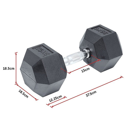 25KG Commercial Rubber Hex Dumbbell Gym Weight Sports & Fitness Kings Warehouse
