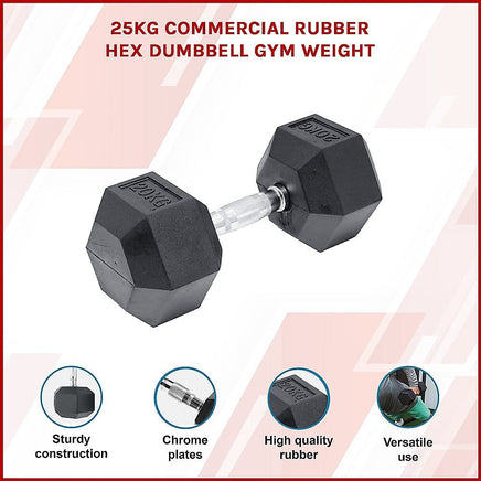 25KG Commercial Rubber Hex Dumbbell Gym Weight Sports & Fitness Kings Warehouse