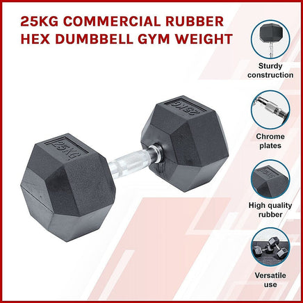 25KG Commercial Rubber Hex Dumbbell Gym Weight Sports & Fitness Kings Warehouse