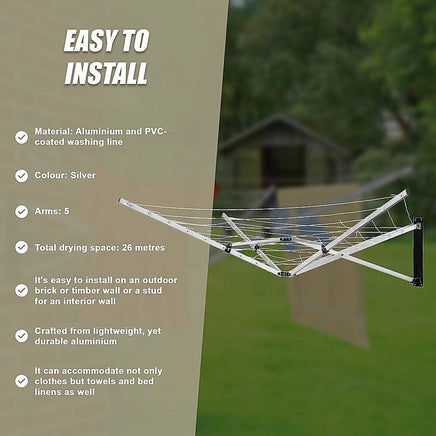 26m 5 Arm Wall Hang Mountable Clothes Airer Dryer Washing Line Bathroom Kitchen Home & Garden Kings Warehouse