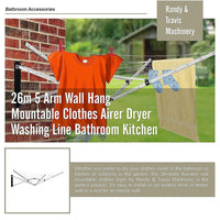 26m 5 Arm Wall Hang Mountable Clothes Airer Dryer Washing Line Bathroom Kitchen Home & Garden Kings Warehouse