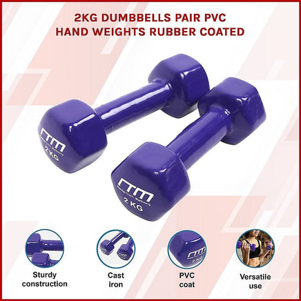 2kg Dumbbells Pair PVC Hand Weights Rubber Coated Sports & Fitness Kings Warehouse