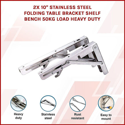 2x 10" Stainless Steel Folding Table Bracket Shelf Bench 50kg Load Heavy Duty Furniture Kings Warehouse
