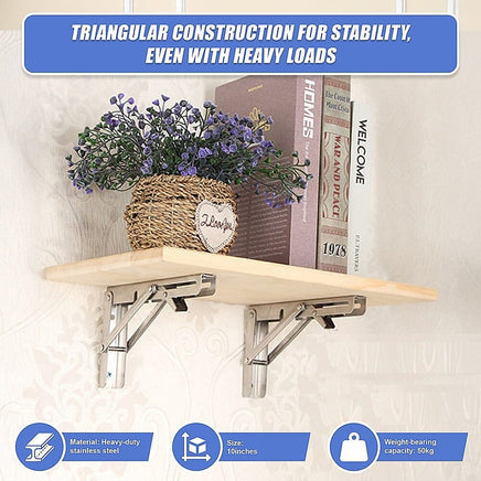 2x 10" Stainless Steel Folding Table Bracket Shelf Bench 50kg Load Heavy Duty Furniture Kings Warehouse