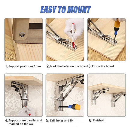 2x 10" Stainless Steel Folding Table Bracket Shelf Bench 50kg Load Heavy Duty Furniture Kings Warehouse