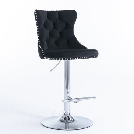 2x Height Adjustable Swivel Bar Stool Velvet Studs Barstool with Footrest and Chromed Base- Black Furniture Kings Warehouse