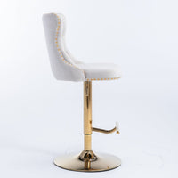 2x Height Adjustable Swivel Bar Stool Velvet Studs Barstool with Footrest and Golden Base- Beige Furniture Kings Warehouse