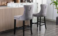 2X Velvet Bar Stools with Studs Trim Wooden Legs Tufted Dining Chairs Kitchen Furniture Kings Warehouse