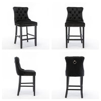 2X Velvet Bar Stools with Studs Trim Wooden Legs Tufted Dining Chairs Kitchen Furniture Kings Warehouse
