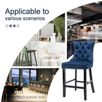 2X Velvet Bar Stools with Studs Trim Wooden Legs Tufted Dining Chairs Kitchen Furniture Kings Warehouse