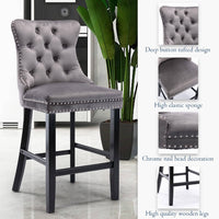 2X Velvet Bar Stools with Studs Trim Wooden Legs Tufted Dining Chairs Kitchen Furniture Kings Warehouse