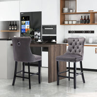 2X Velvet Bar Stools with Studs Trim Wooden Legs Tufted Dining Chairs Kitchen Furniture Kings Warehouse