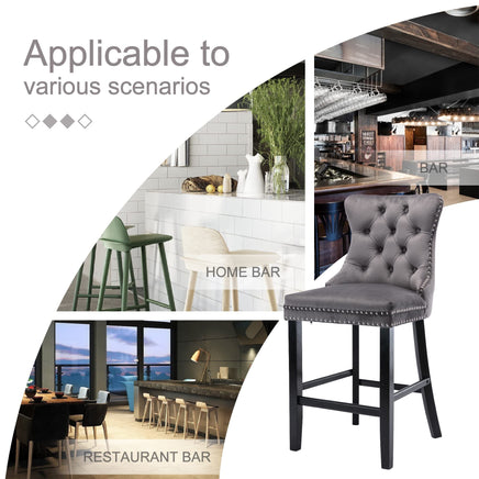 2X Velvet Bar Stools with Studs Trim Wooden Legs Tufted Dining Chairs Kitchen Furniture Kings Warehouse