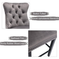 2X Velvet Bar Stools with Studs Trim Wooden Legs Tufted Dining Chairs Kitchen Furniture Kings Warehouse